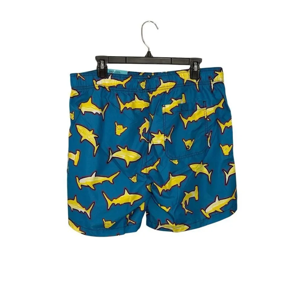 NWT Beach Bros. Scribble Sharks swim trunks in blue and yellow - L